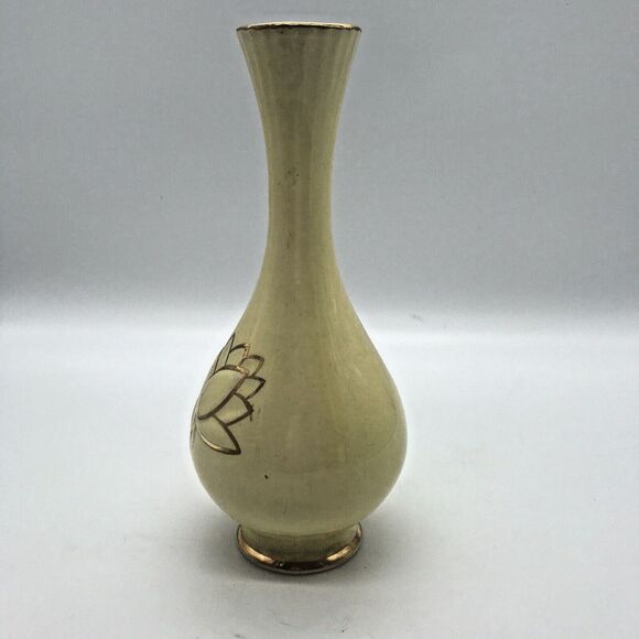 Vintage Golden Aero Warranted 22 K Gold Pale Yellow Lotus Flower Flute Bud Vase - Picture 5 of 10
